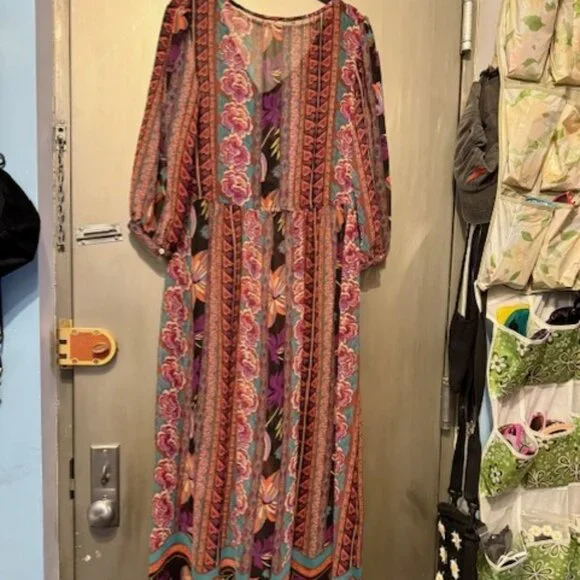 Boho Retro Chiffon Long Sleeve Geometric Floral Maxi Dresses - Picture 15 of 16